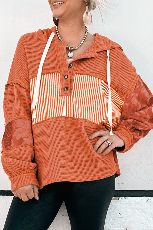 Waffle Knit Stripe Patchwork Henley Drawstring Hood Drop Shoulder Long Sleeve Top